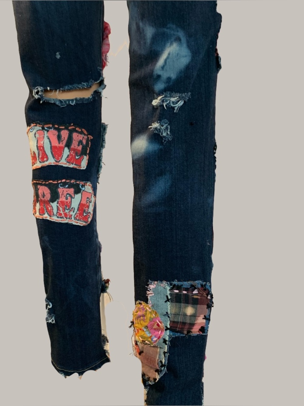 Upcycled Patchwork and Patched Embellished Dark Blue Cigarette Cut Denim Jeans - Picture 13 of 15
